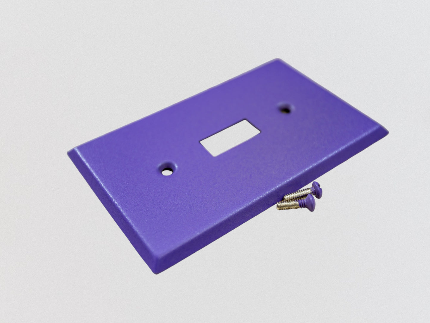 Iris Purple powder coated Toggle, Rocker, Duplex, and Blank standard size metal switch plates