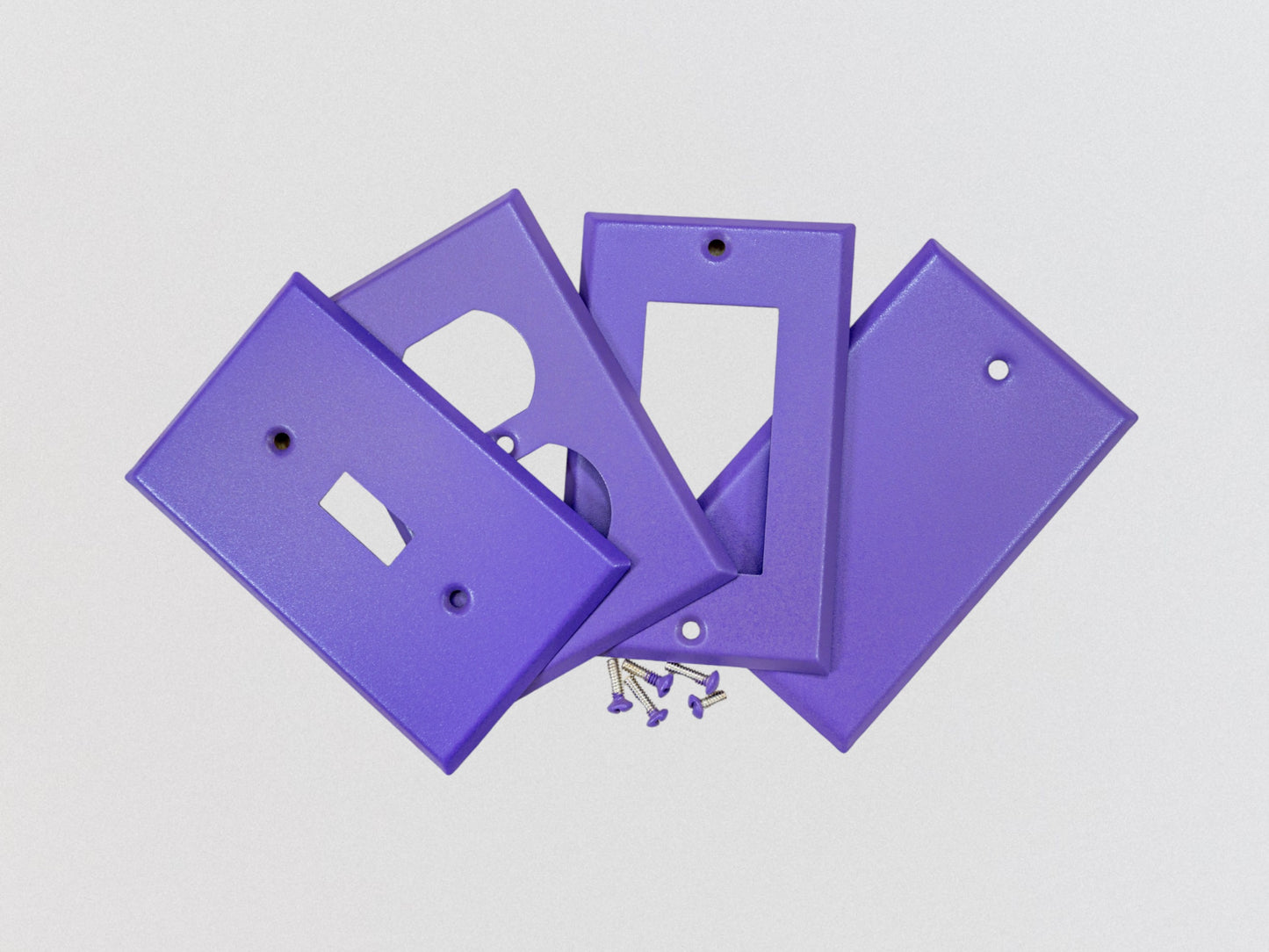 Iris Purple powder coated Toggle, Rocker, Duplex, and Blank standard size metal switch plates