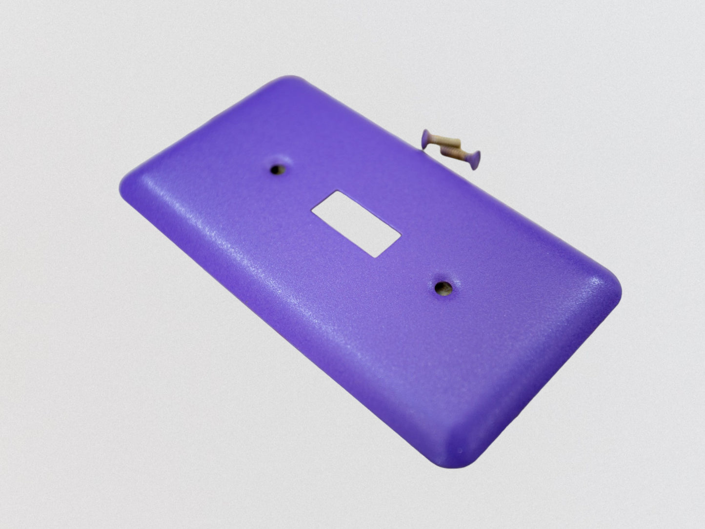 Iris Purple powder coated Toggle, Rocker, Duplex, and Blank round corner metal switch plates