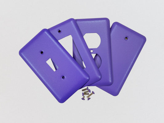 Iris Purple powder coated Toggle, Rocker, Duplex, and Blank round corner metal switch plates