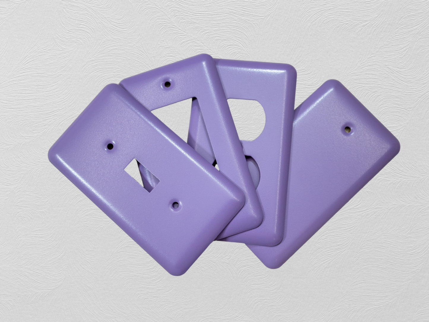 Orchid Lavender powder coated Toggle, Rocker, Duplex, and Blank round corner metal switch plates