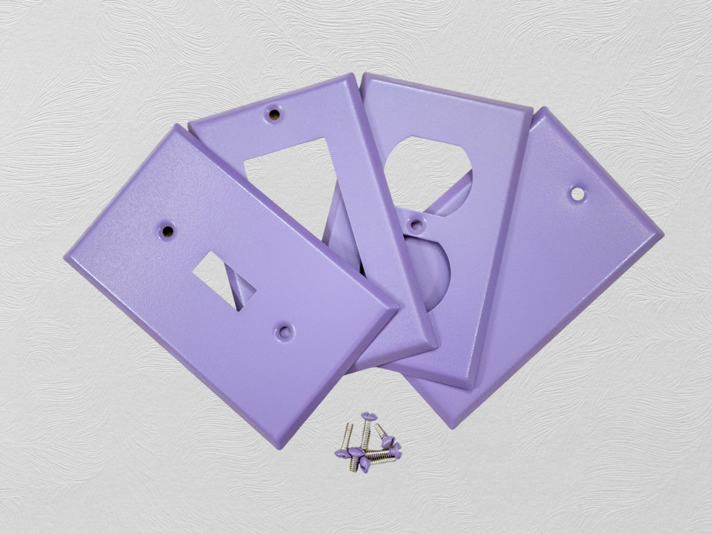 Orchid Lavender powder coated Toggle, Rocker, Duplex, and Blank standard size metal switch plates