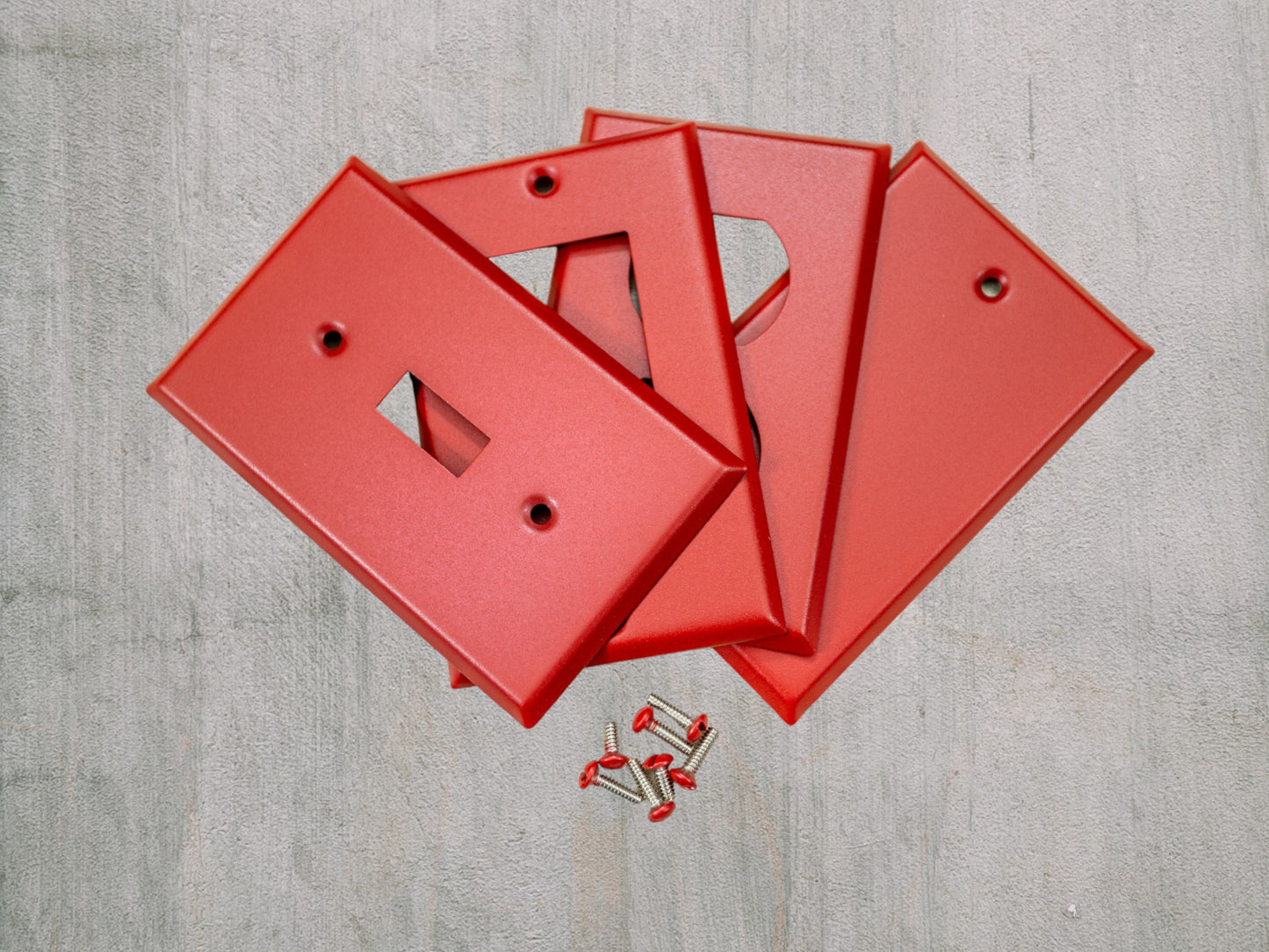 Matte Red Texture powder coated Toggle, Rocker, Duplex, and Blank standard size metal switch plates