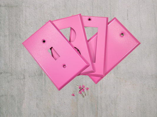 Pink Bubblegum Texture powder coated Toggle, Rocker, Duplex, and Blank standard size metal switch plates