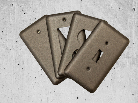 Oil Rubbed Bronze Cast powder coated Toggle, Rocker, Duplex, and Blank round corner metal switch plates