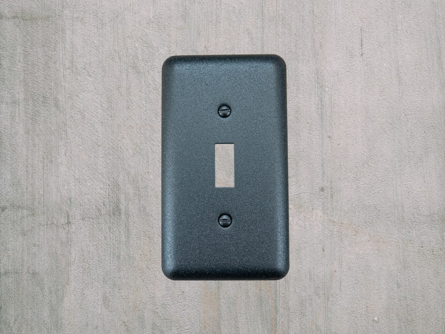 Matte Black Texture powder coated Toggle, Rocker, Duplex, and Blank round corner metal switch plates