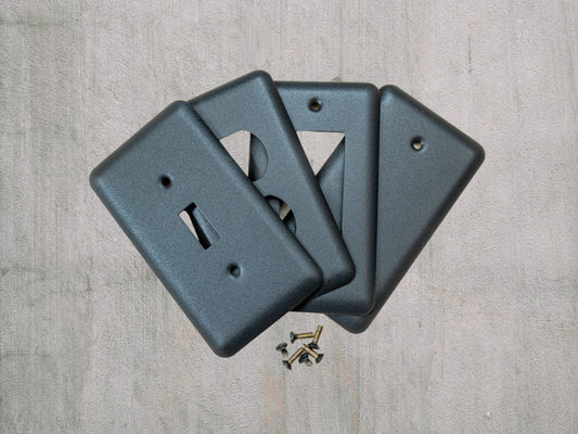 Matte Black Texture powder coated Toggle, Rocker, Duplex, and Blank round corner metal switch plates