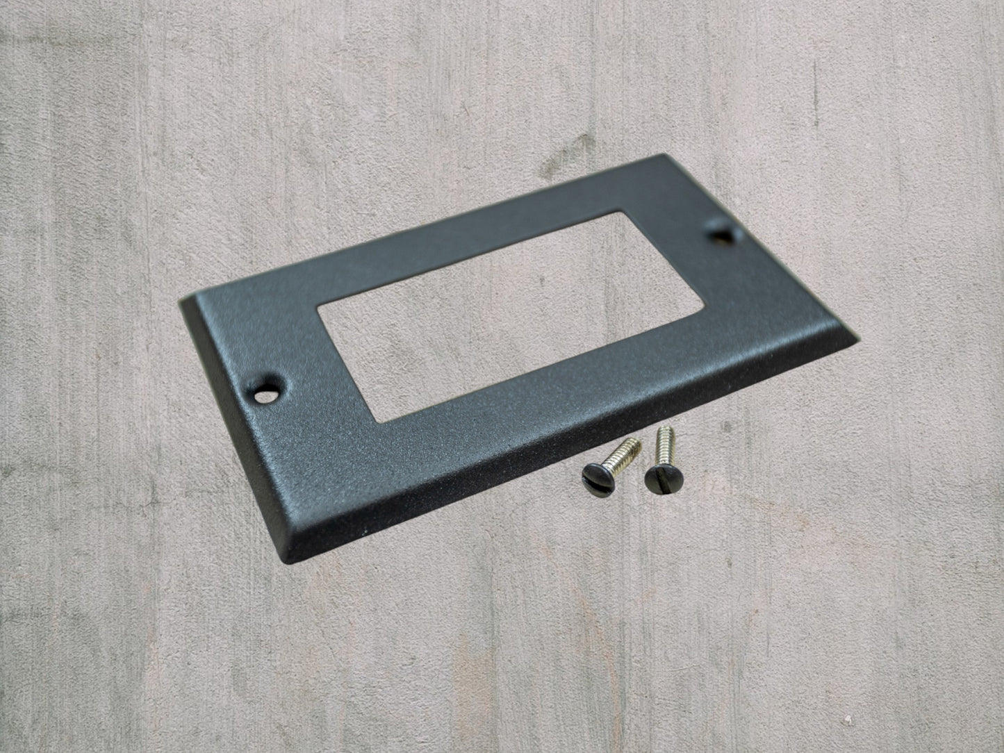 Matte Black Texture powder coated Toggle, Rocker, Duplex, and Blank standard size metal switch plates.