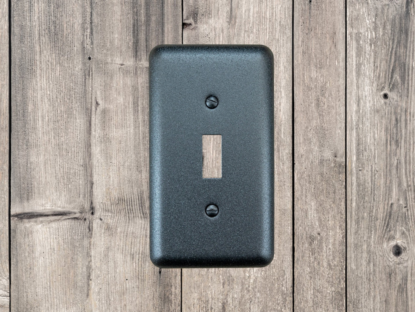 Black Satin Texture powder coated Toggle, Rocker, Duplex, and Blank round corner metal switch plates