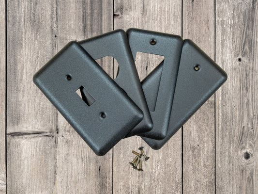 Black Satin Texture powder coated Toggle, Rocker, Duplex, and Blank round corner metal switch plates