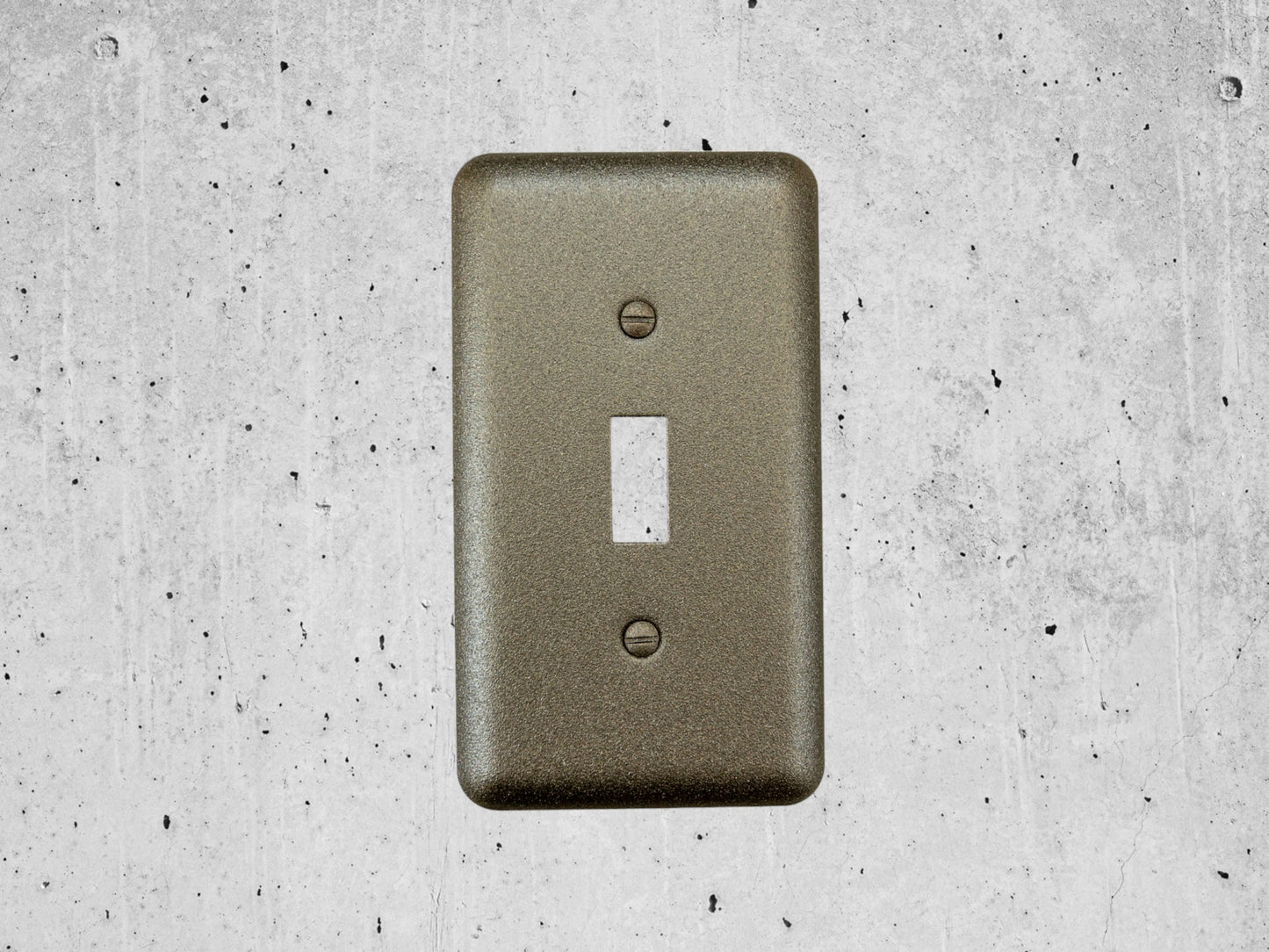 Bronze Cast powder coated Toggle, Rocker, Duplex, and Blank round corner metal switch plates..