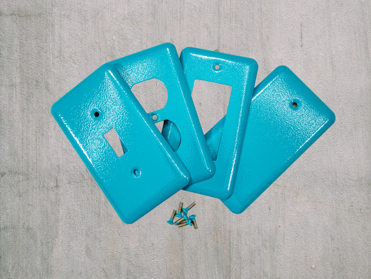 Turquoise River powder coated Toggle, Rocker, Duplex, and Blank round corner metal switch plates