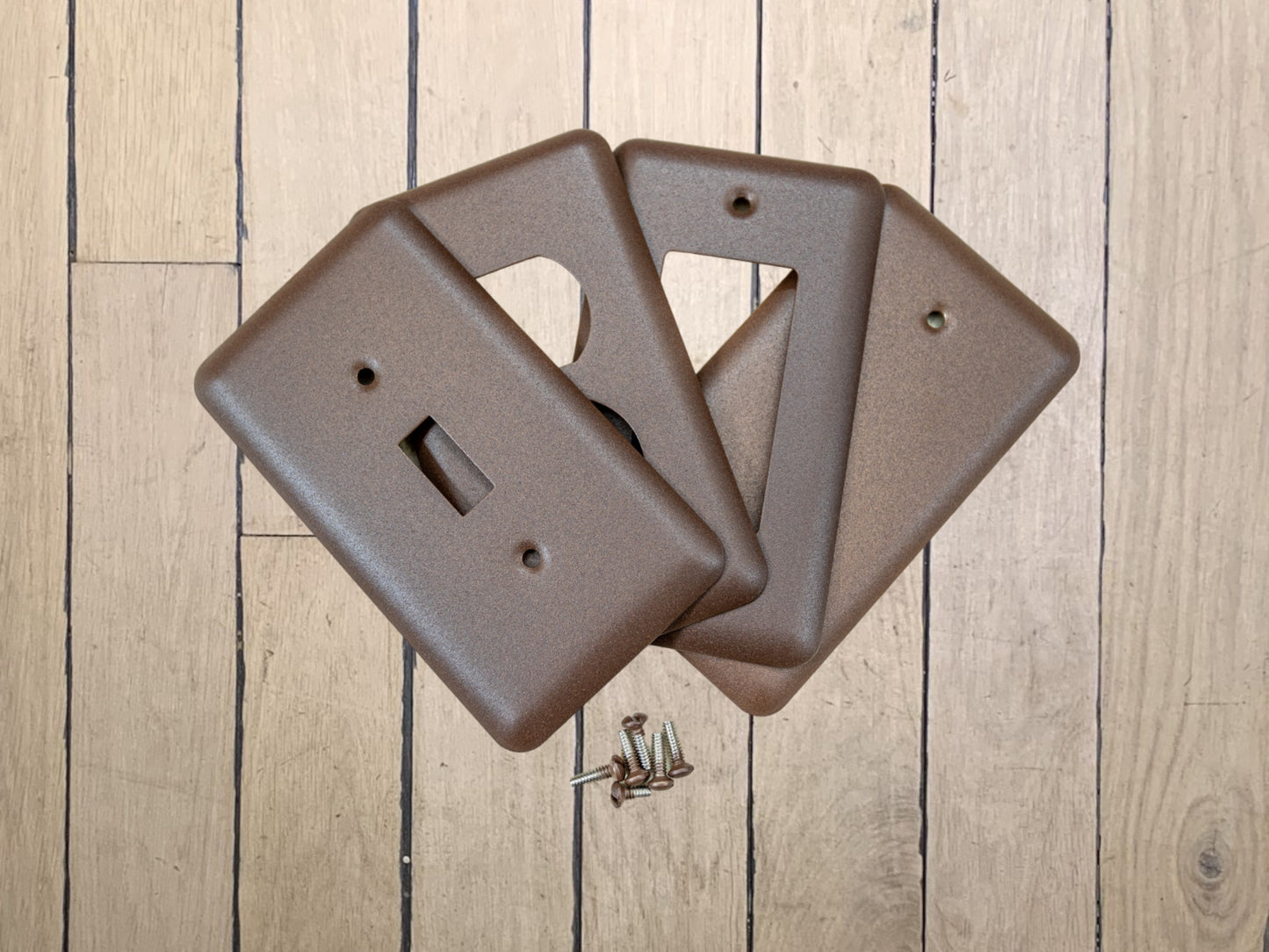 Walnut Texture powder coated Toggle, Rocker, Duplex, and Blank round corner metal switch plates