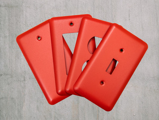 Matte Red Texture powder coated Toggle, Rocker, Duplex, and Blank round corner metal switch plates