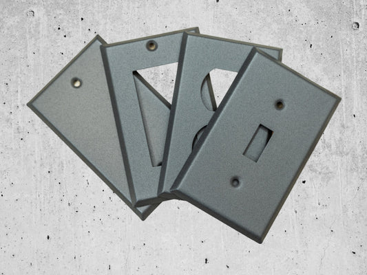 River Stone Grey powder coated Toggle, Rocker, Duplex, and Blank standard size metal switch plates