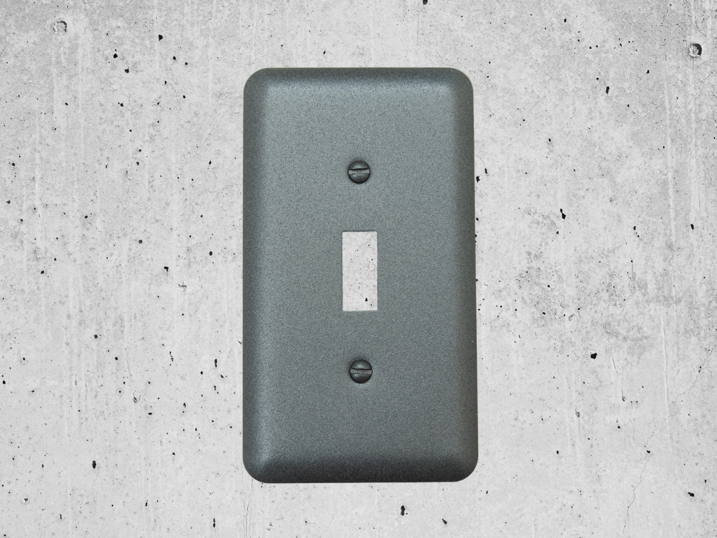 River Stone Grey texture powder coated Toggle, Rocker, Duplex, and Blank round corner wall switch plates