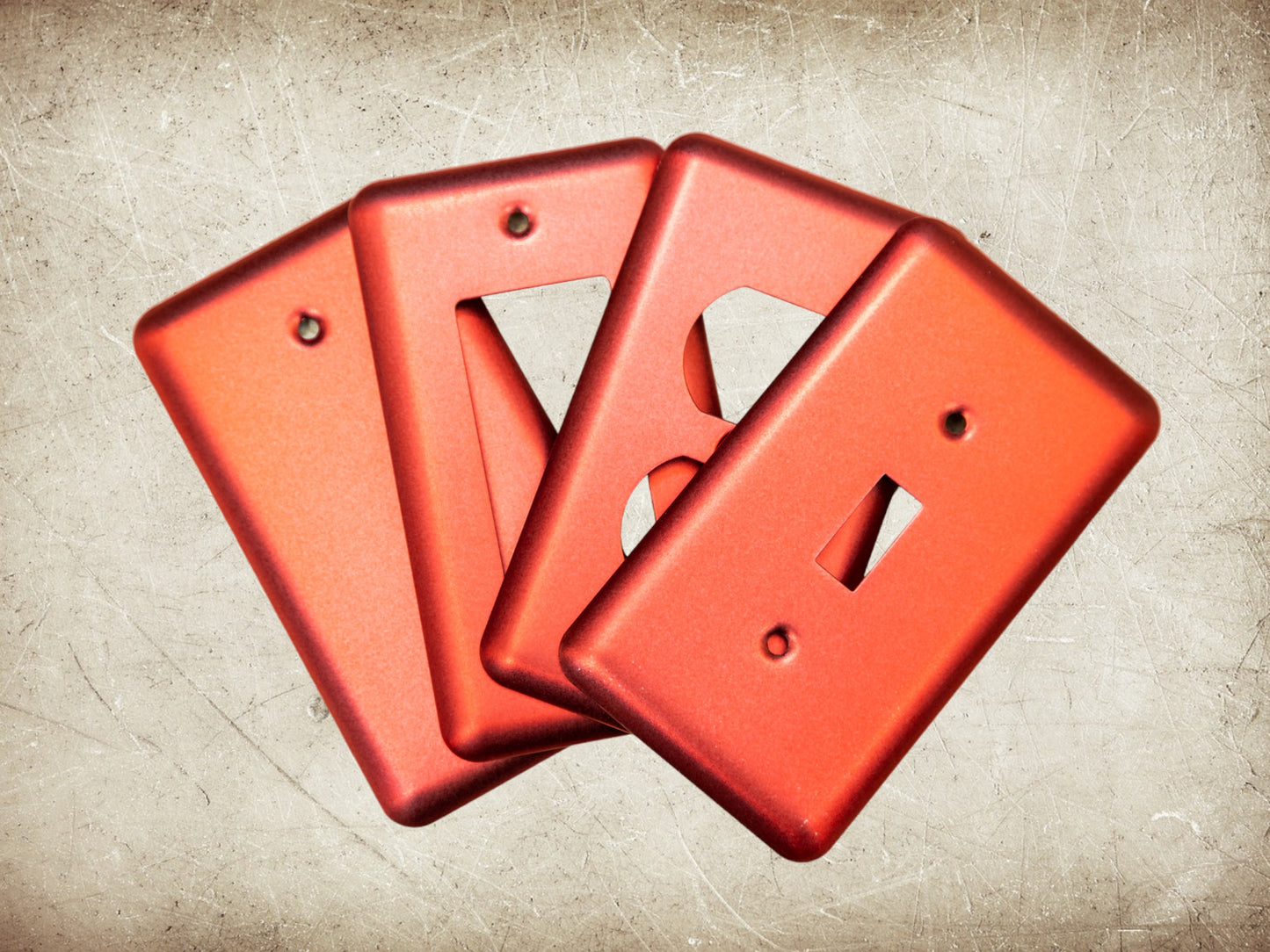 Red Anodized powder coated Toggle, Rocker, Duplex, and Blank round corner metal switch plates