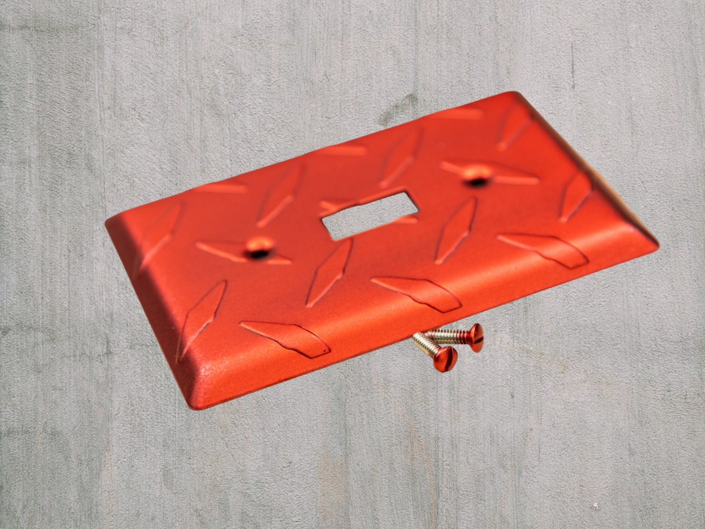 Red Anodized powder coated diamond plate metal Toggle, Rocker, and Duplex wall switch plates. Auto enthusiasts garage decor