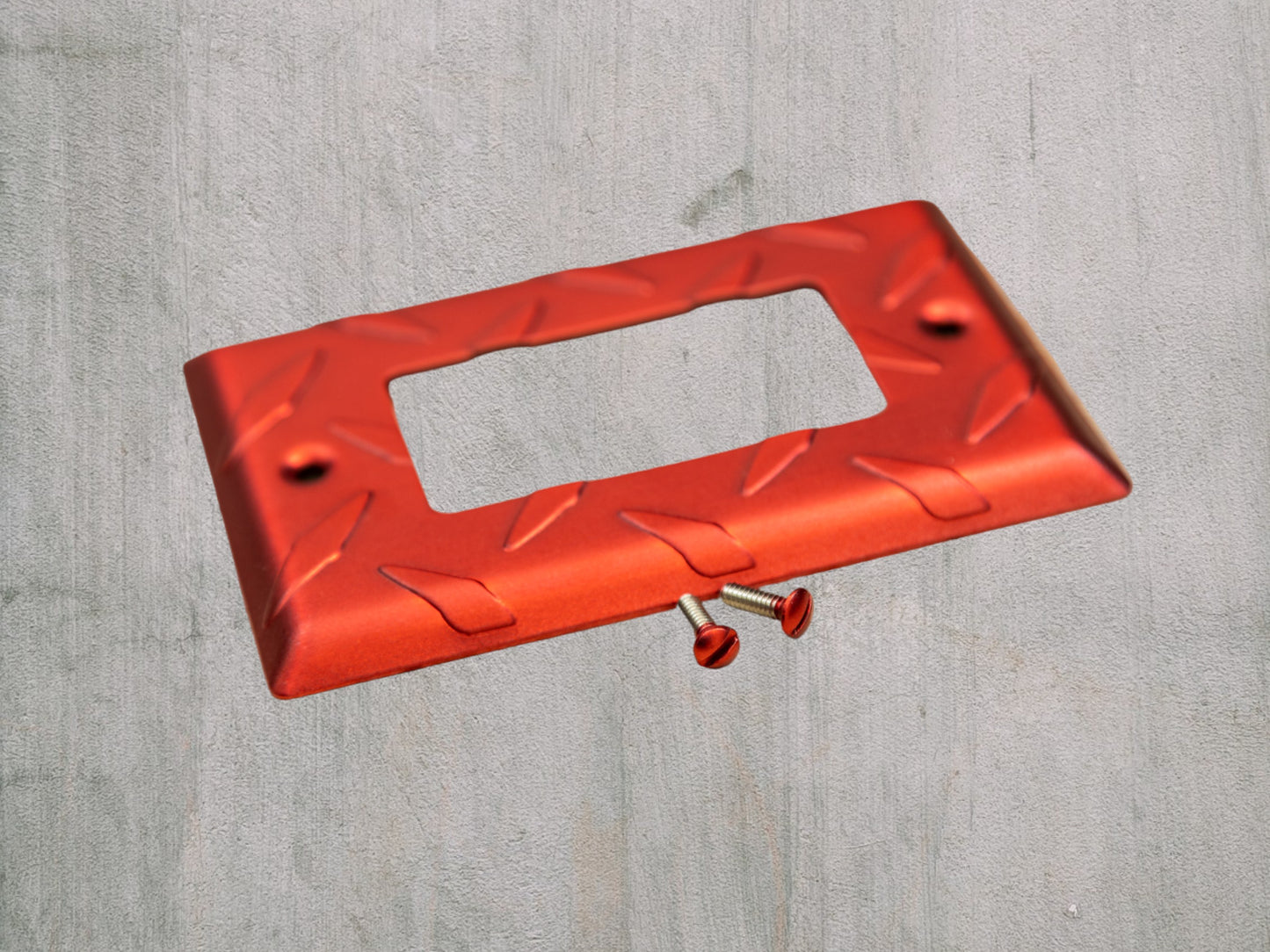 Red Anodized powder coated diamond plate metal Toggle, Rocker, and Duplex wall switch plates. Auto enthusiasts garage decor