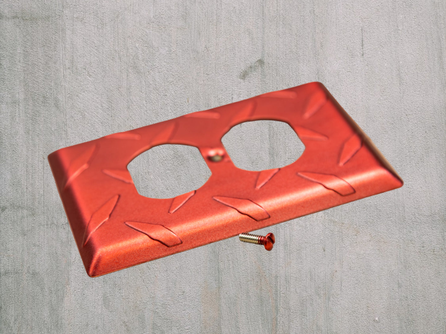 Red Anodized powder coated diamond plate metal Toggle, Rocker, and Duplex wall switch plates. Auto enthusiasts garage decor