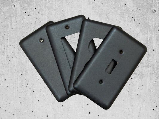 Black Stone powder coated Toggle, Rocker, Duplex, and Blank round corner metal switch plates