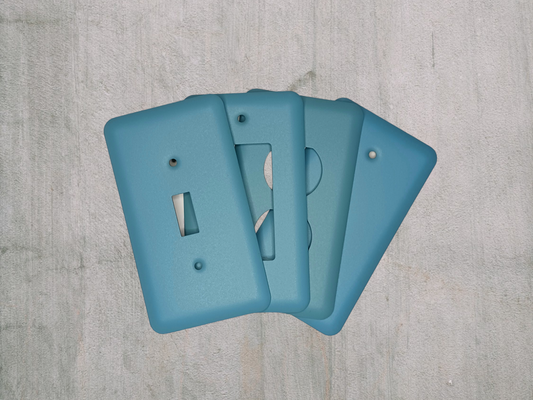 Sky Blue texture powder coated Toggle, Rocker, Duplex, and Blank round corner metal switch plates (Copy)