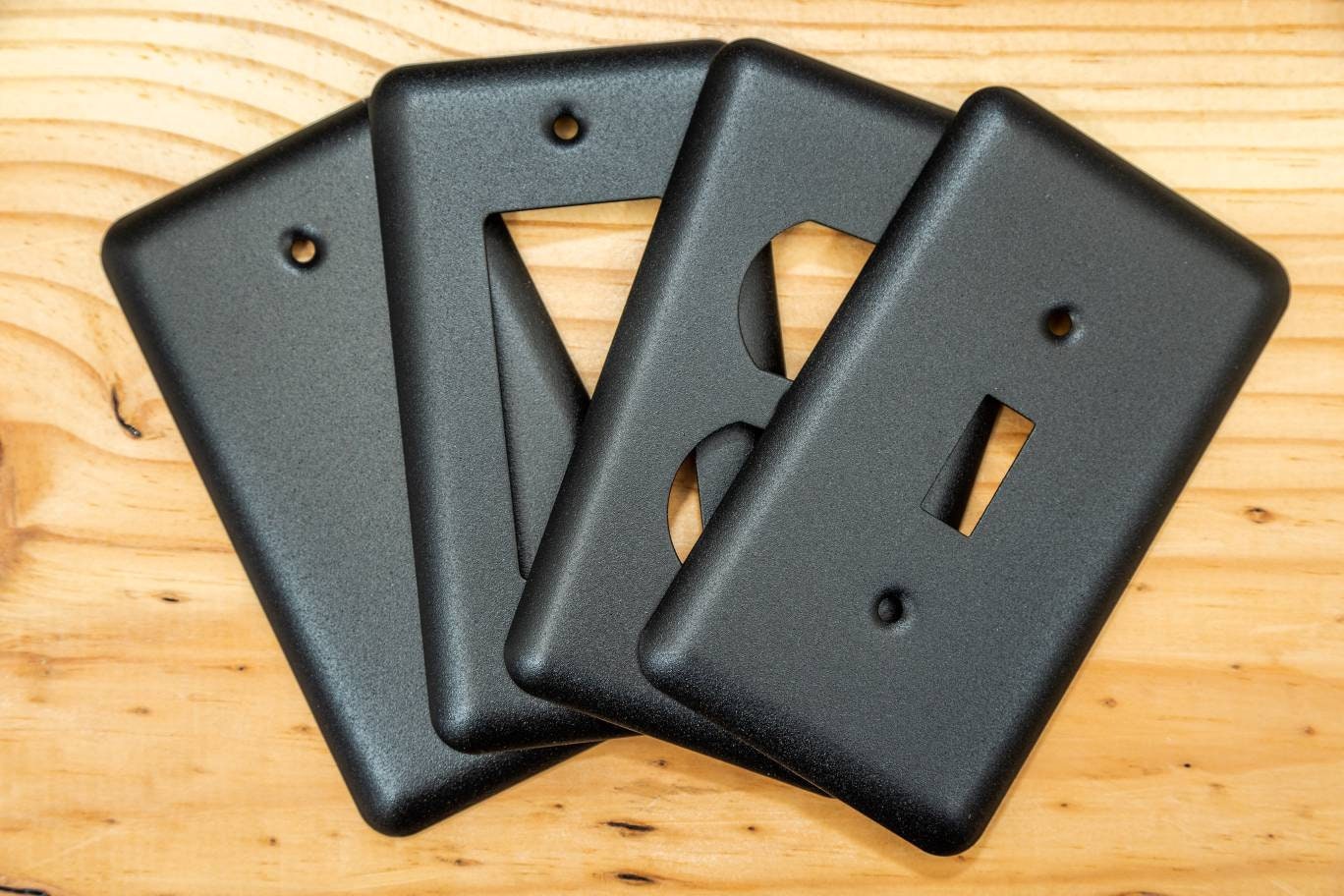 Rustic Black Cast powder coated Toggle, Rocker, Duplex, and Blank round corner metal switch plates